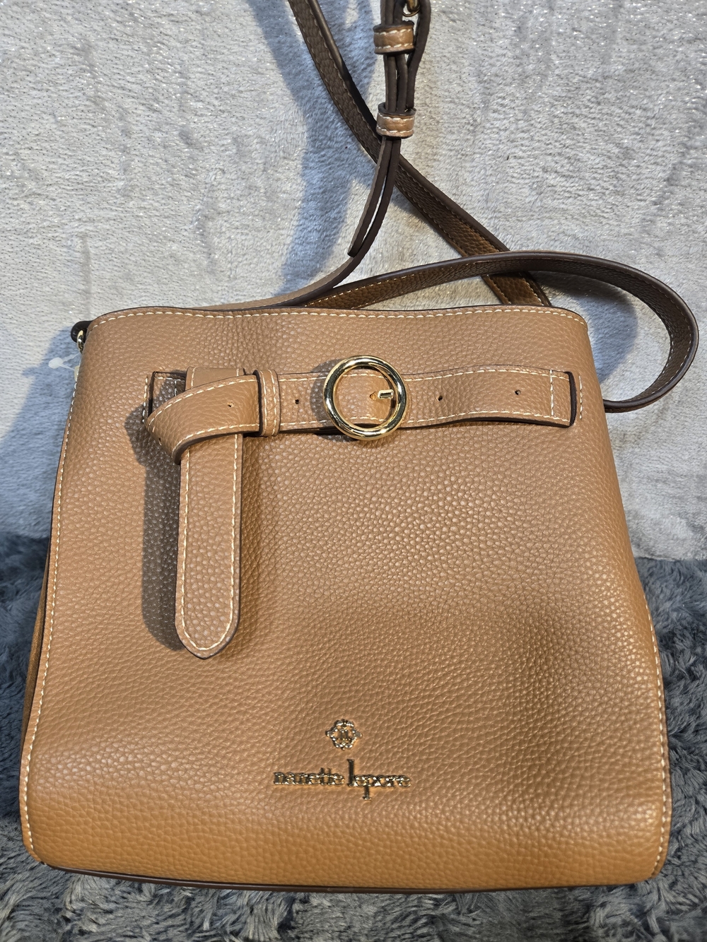 Nanette Lepore Tan Pebbled Leather Crossbody Tote with Gold Buckle